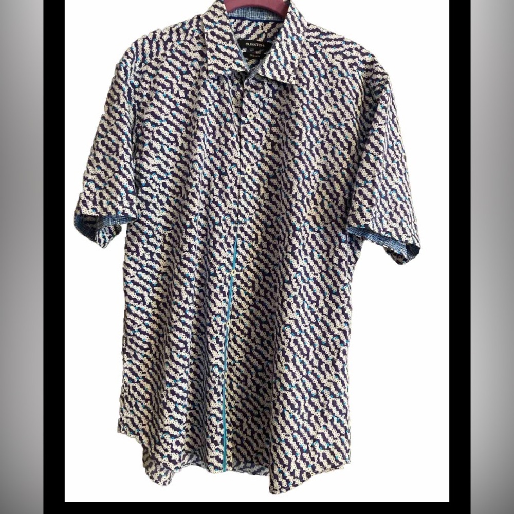 Bugatchi Short Sleeve Shaped Fit  All Over Print Button Up  Purple Shirt Size S